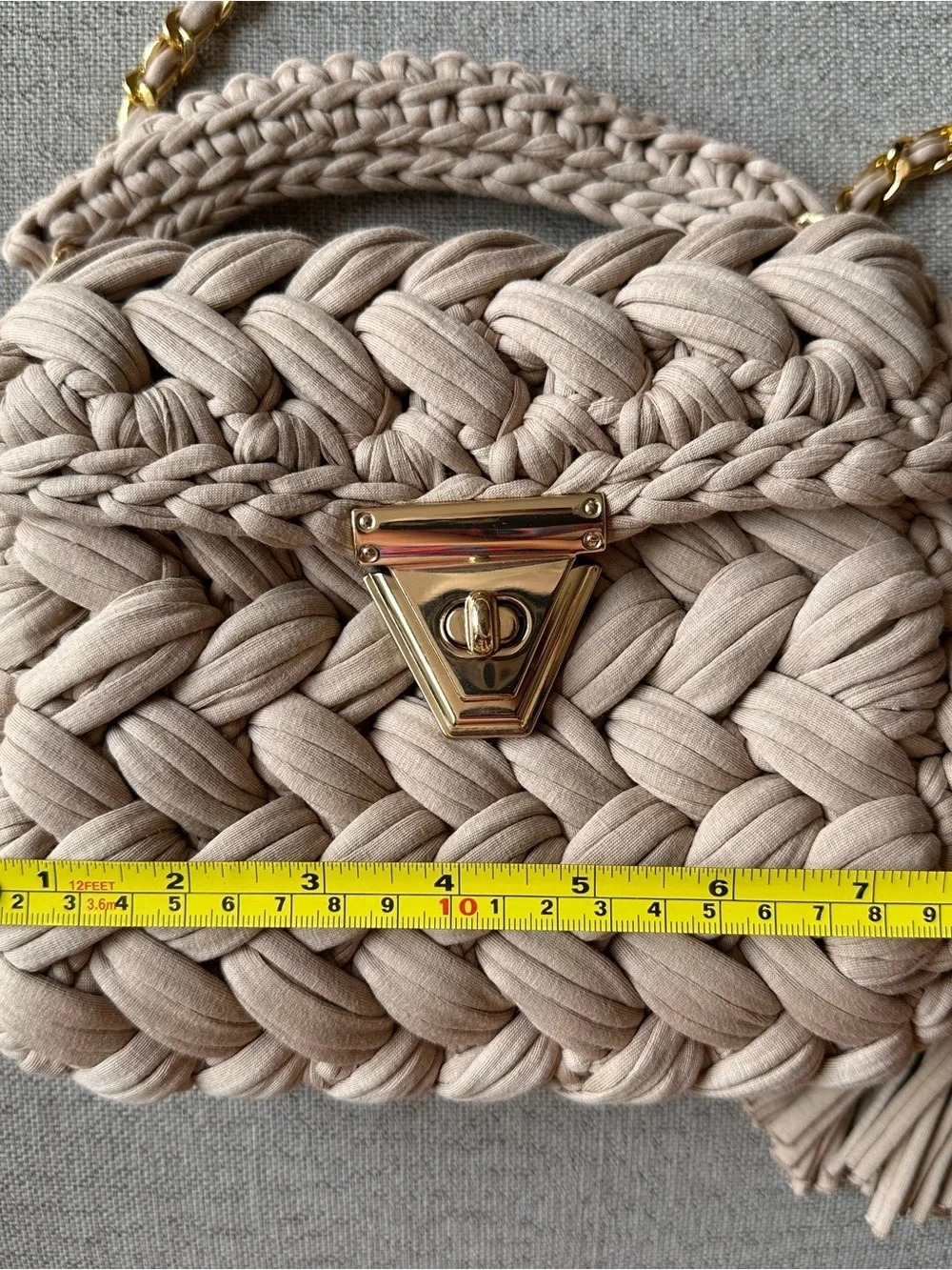 Handwoven Tan Fabric Crossbody Bag with Top Handle and Gold Chain Gold Accents